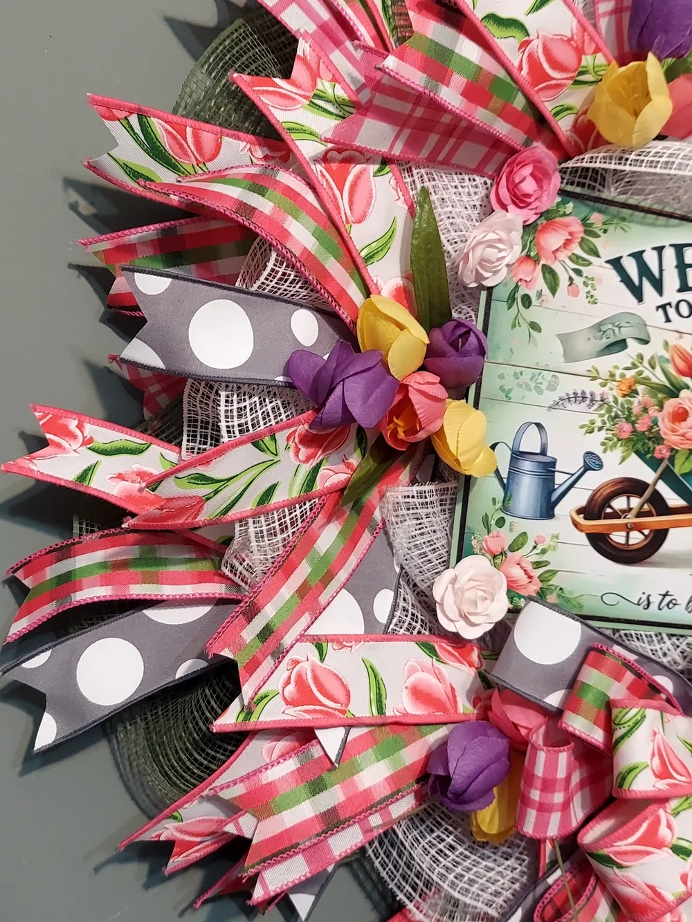 Hand Crafted Pink Floral Welcome Wreath with Purple & Yellow Accents
